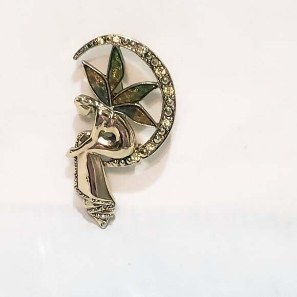 Liz Claiborne Fairy Crescent Moon Gold Tone Brooch Pin 2" Rhinestone Enamel - Picture 3 of 6